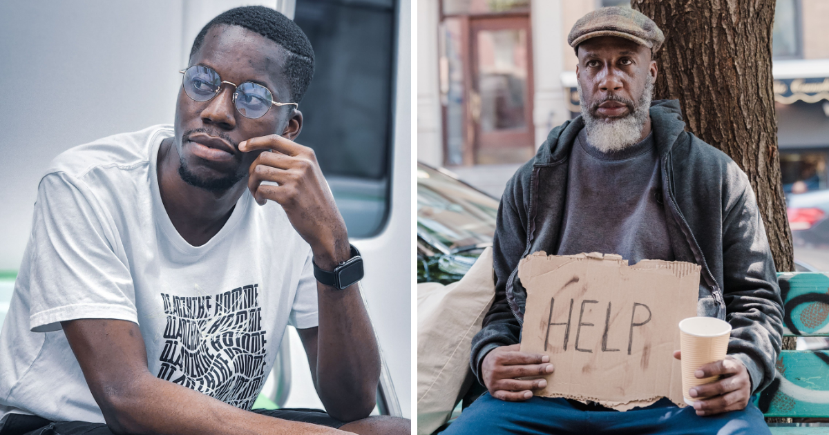 (L) Man sitting in subway. (R) Homeless man sitting outside. (Representative Cover Image Source: Pexels | (L) ShadiG, (R) Timur Weber)