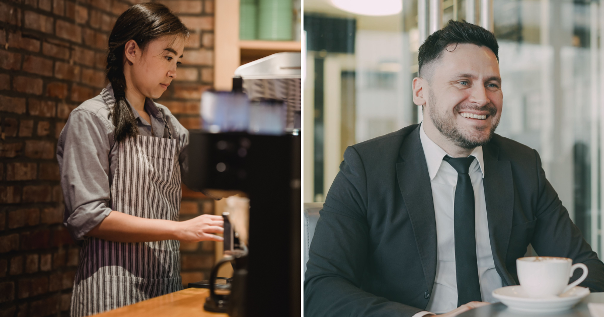 (L) A woman barista brewing coffee. (R) A rich man sitting at a cafe engaged in a smiling conversation. (Representative Cover Image Source: Pexels | (L) Mizuno K, (R) Vitaly Gariev)