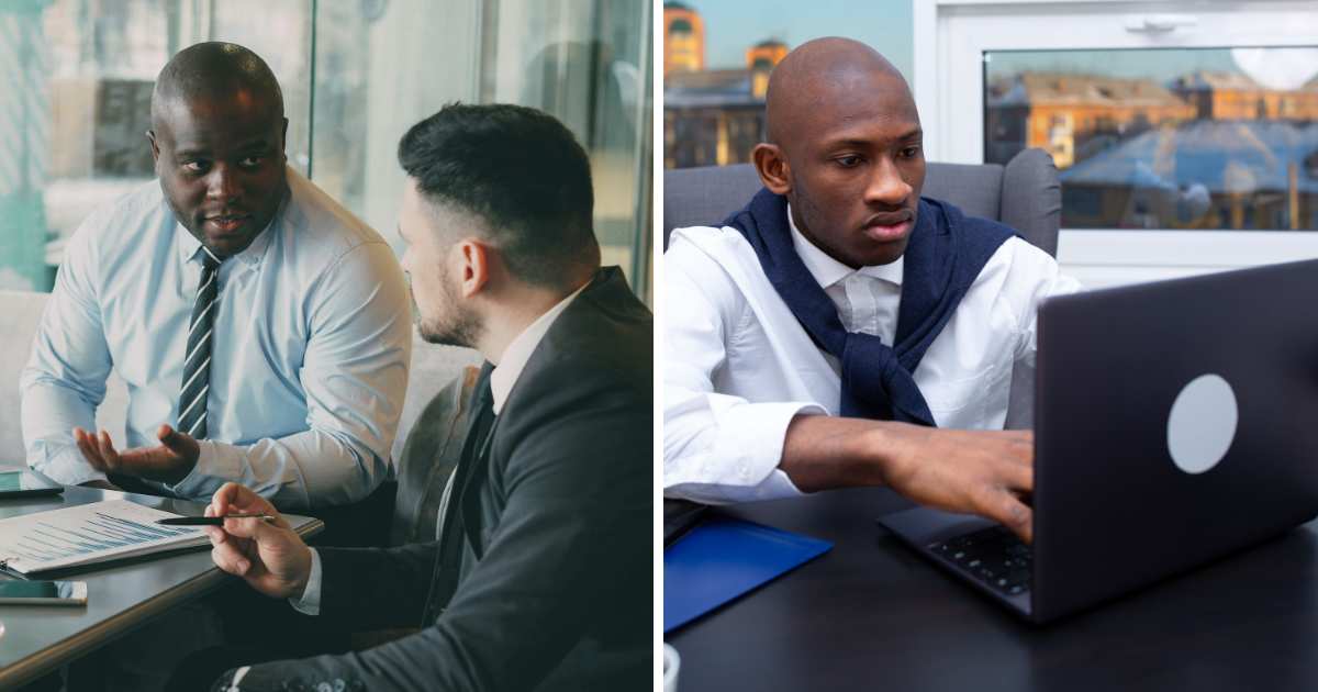 (L) Boss talking with employee. (R) Man using laptop. (Representative Cover Image Source: Pexels | (L) Vitaly Gariev, (R) Mikhail Nilov)