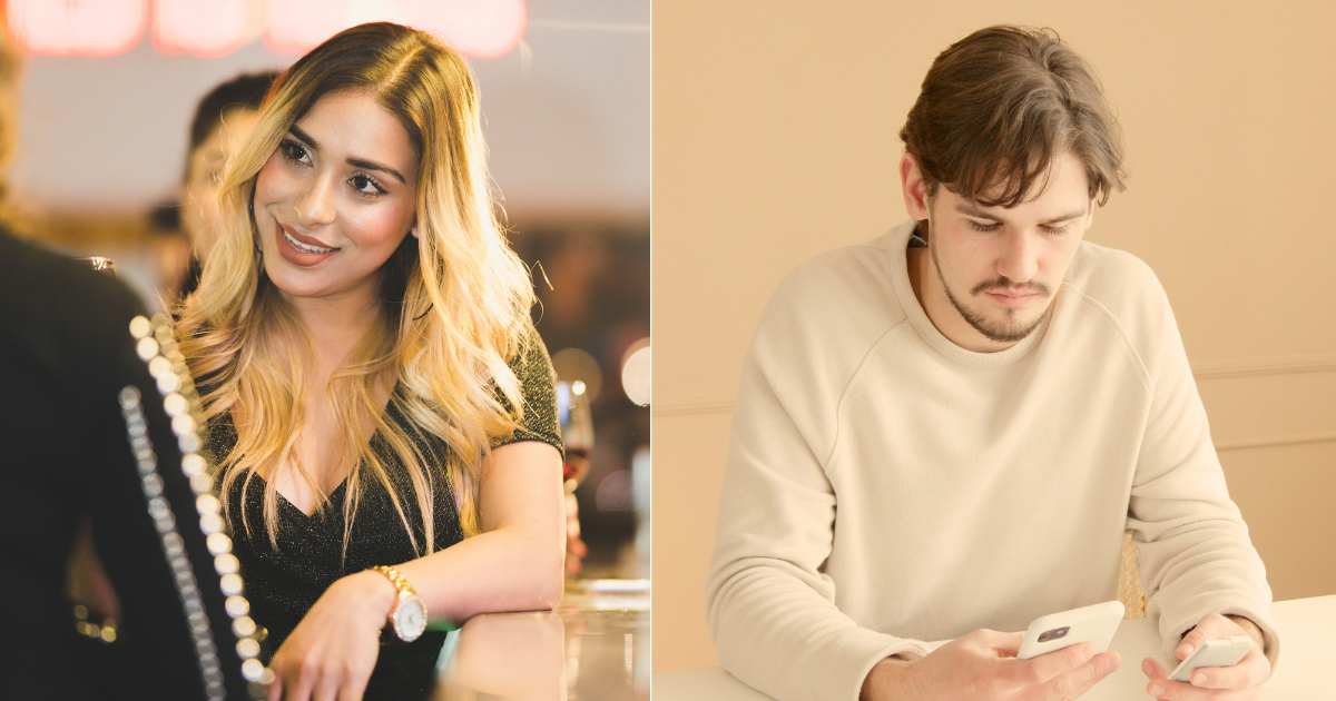 (L) A woman approaches a man at a bar. (R) A man looks disappointed as he looks at his phone. (Representative Cover Image Source: Pexels| L - Welclick Nepal, R - Artem Podrez)