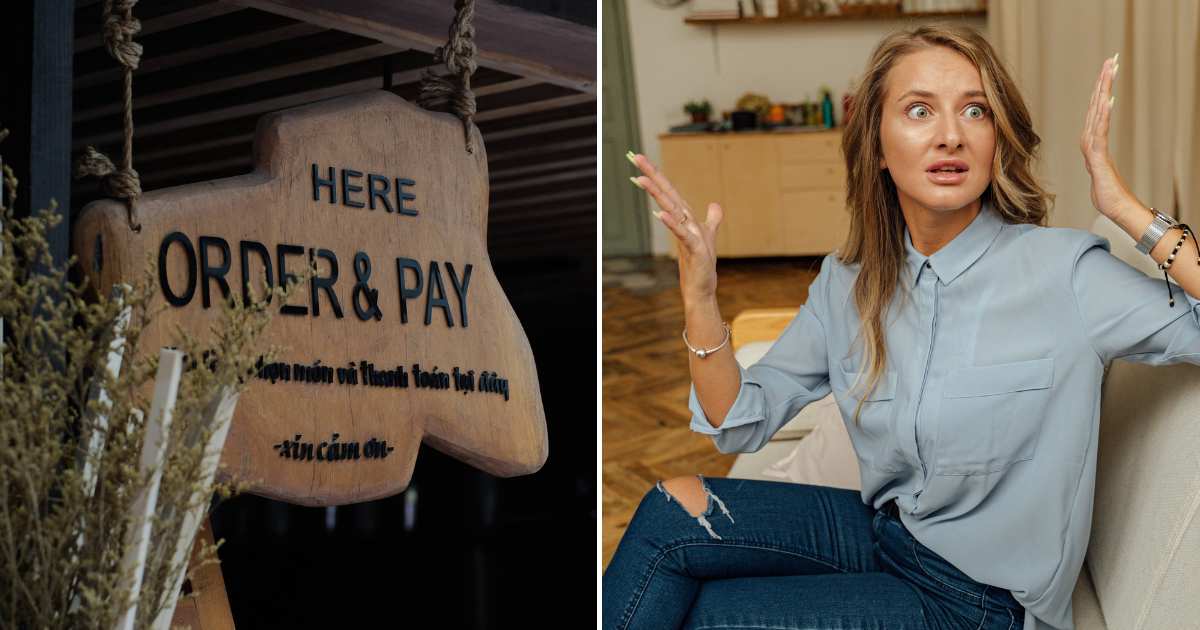 A sign outside a restaurant (L). A woman shocked and surprised (R).(Representative Cover Image Source: Pexels Images | Photo by Nguyen Huy and AI25.Studio Studio)