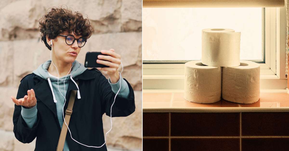 (L) A woman is recording something important on her phone. (R) A stack of toilet rolls in a restroom. — (Representative Cover Image Source: Pexels| L - Vitaly Gariev, R - Lisa from Pexels)