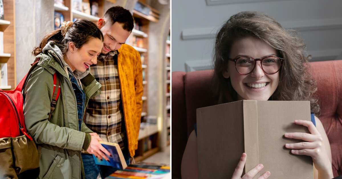 A man and a woman talking inside a bookstore (L). A woman smiling with a book in hand (R). (Representative Cover Image Source: Getty and Pexel Images | Photo by ProfessionalStudioImages and Andrea Piacquadio)