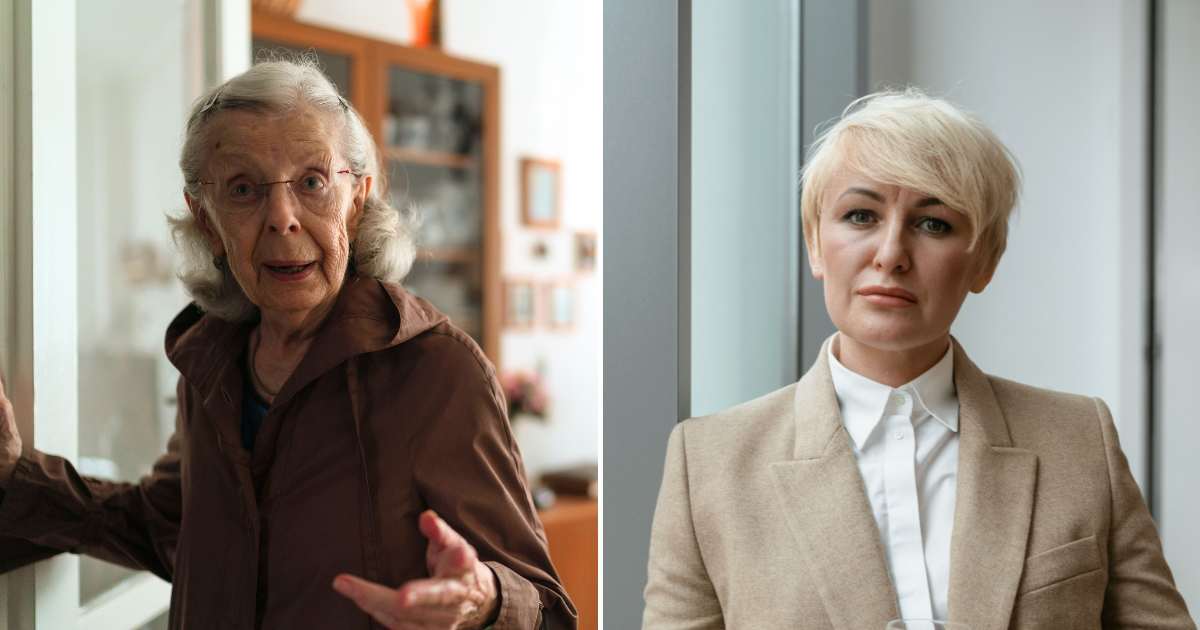 (L) An old woman is talking to someone. (R) A woman looks annoyed. (Representative Cover Image Source: Pexels | (L) Jsme MILA, (R) Mart Production)