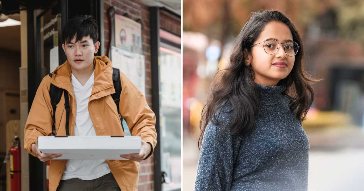 (L) A man delivering a pizza. (R) A woman smiles softly. (Representative Cover Image Source: Pexels| L - Mike Jones, R - Vijay Sadasivani)