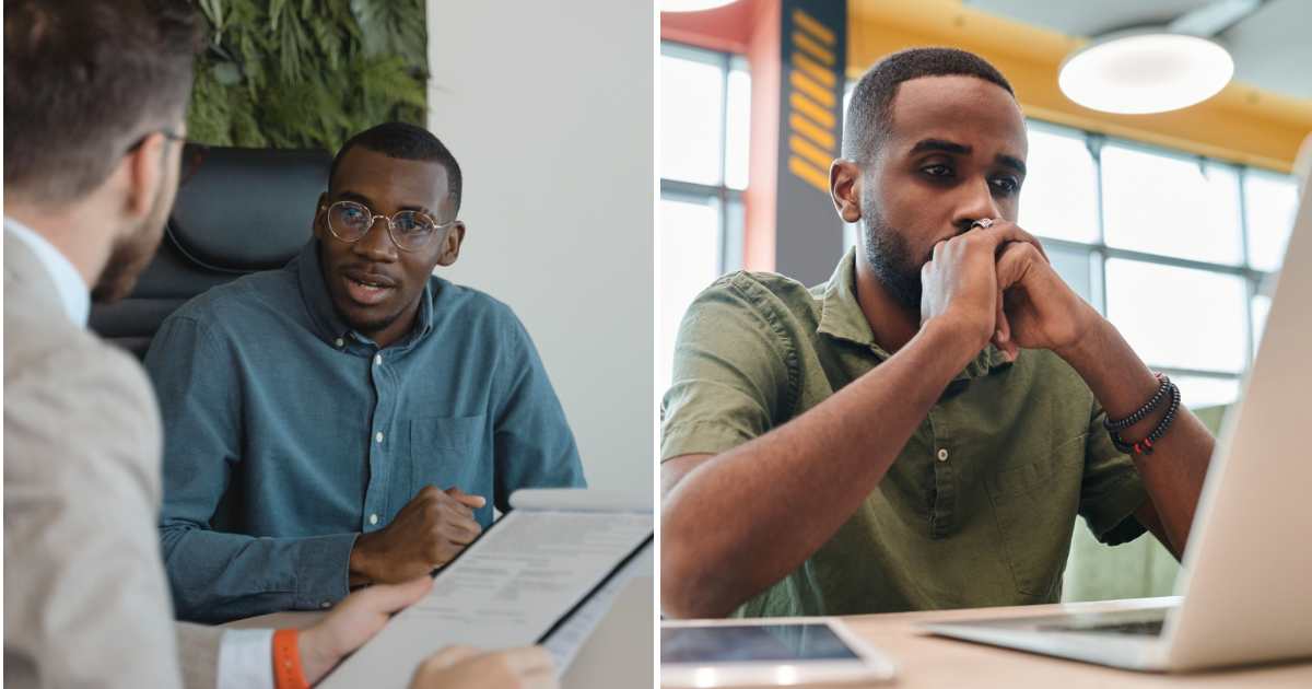 (L) Man sitting for an interview. (R) Man attending a virtual interview. (Representative Cover Image Source: Pexels | (L) Tima Miroshnichenko, (R) Edmond Dantès)