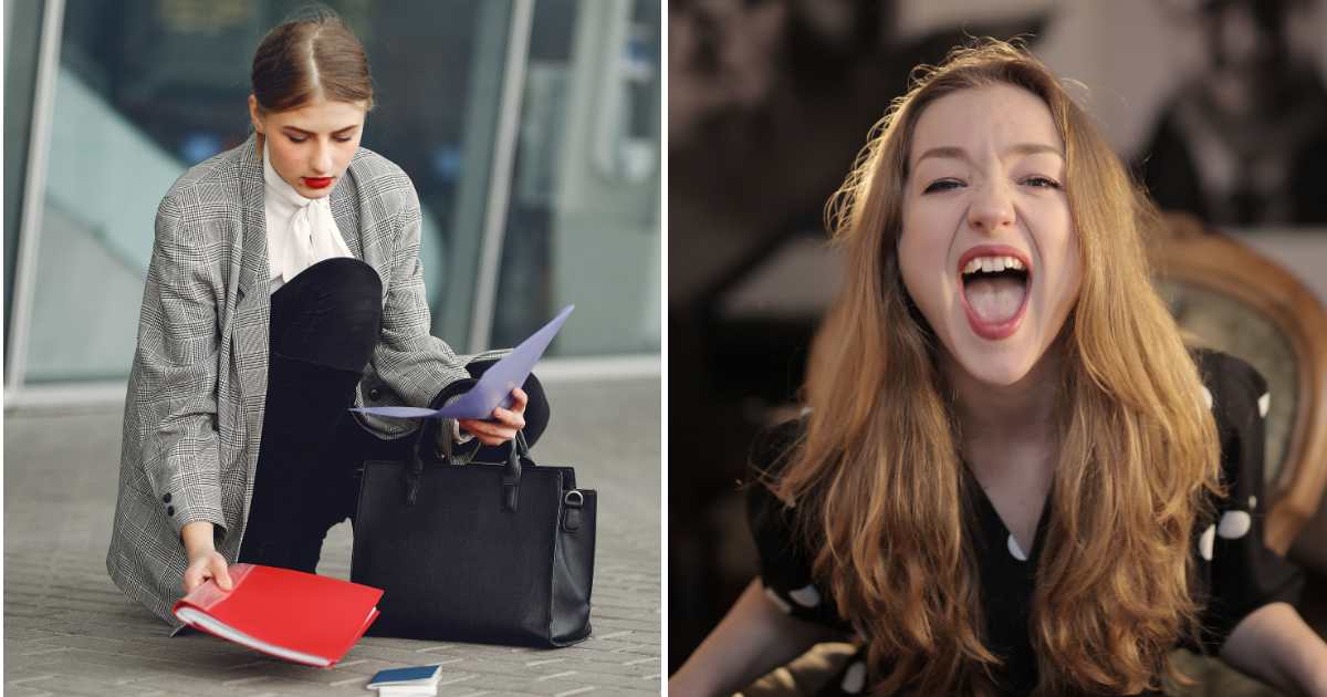 (L) Woman picking things from floor. (R) Woman screaming. (Representative Cover Image Source: Pexels | (L) Gustavo Fring, (R) Andrea Piacquadio)