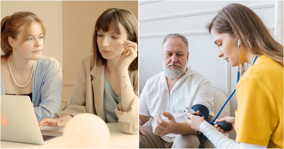 (L) A middle-aged woman arguing with someone. (R) A young woman is looking after a sick elderly man. (Representative Cover Image Source: Pexels| L - Artem Podrez, R - AI25Studio)