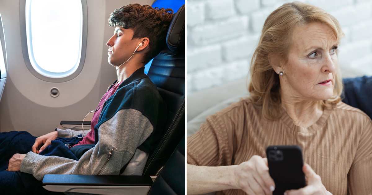(L) A man sleeping, sitting in a plane. (R) A rude woman looking angry. (Representative Cover Image Source: L - Getty Images| Cavan Images -Julia Crim, R - Pexels| Teona Swift)
