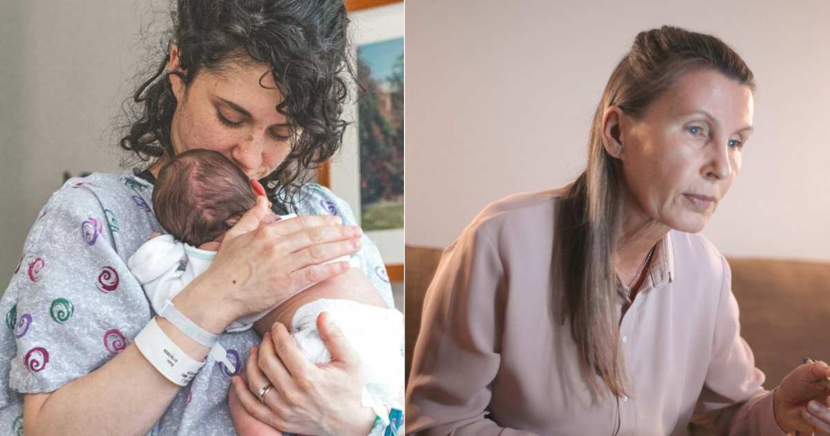 (L) Mom holding newborn in hospital. (R) A woman looks intrigued and shocked after spotting something. (Representative Cover Image Source: Pexels| L - Craig Adderly, R - Mikahil Nilov)