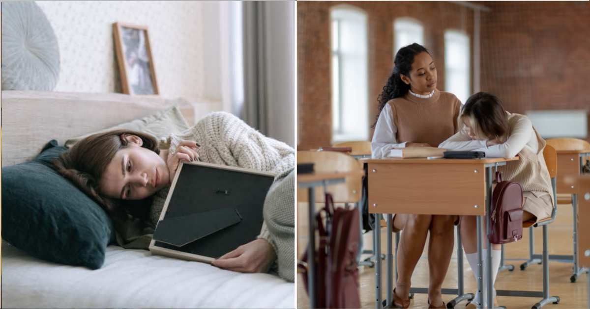 (L) A young woman lying on her bed in sadness holding a photo frame. (R) Teacher talking to a student. (Representative Cover Image Source: Pexels | (L) Ivan S , (R) cottonbro studio)