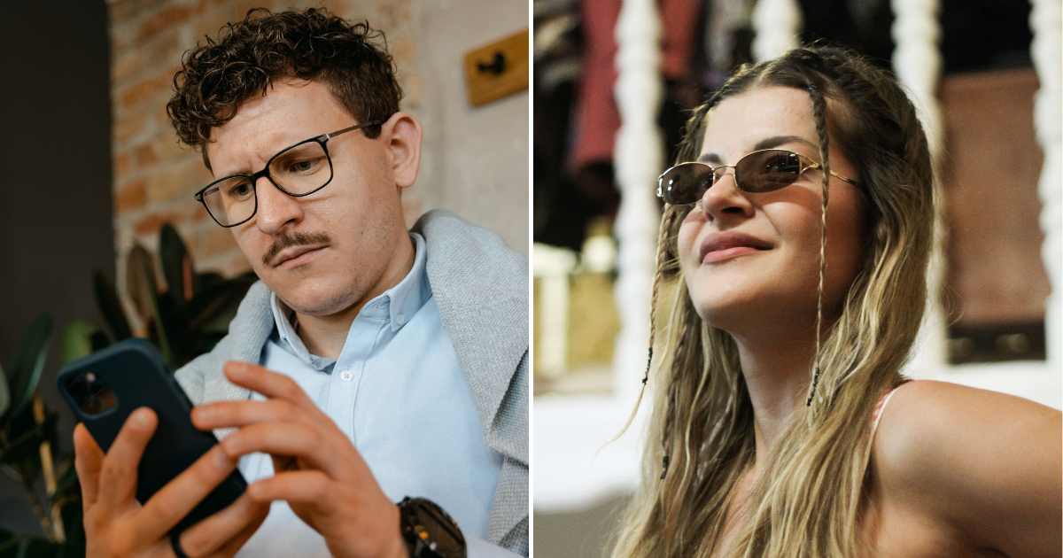 A man looking at her phone upset (L). A woman looking happy and proud (R). (Representative Cover Image Source: Pexels Images | Photo by ART PRODUCTION and Nabil Barry)