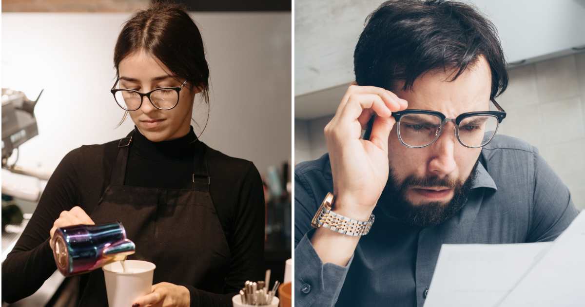 (L) Female barista making coffee. (R) Man stunned looking at bill. (Representative Cover Image Source: Pexels | (L) Pavel Danilyuk, (R) Mikhail Nilov)