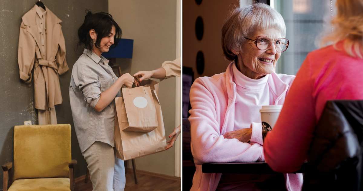 (L) A woman is surprised while opening gift bags. (R) An elderly woman in pink sweater sitting at a coffee shop talking to a woman. (Representative Cover Image Source: Pexels | (L) Thirdman Nilov, (R) Arina Krasnikova)