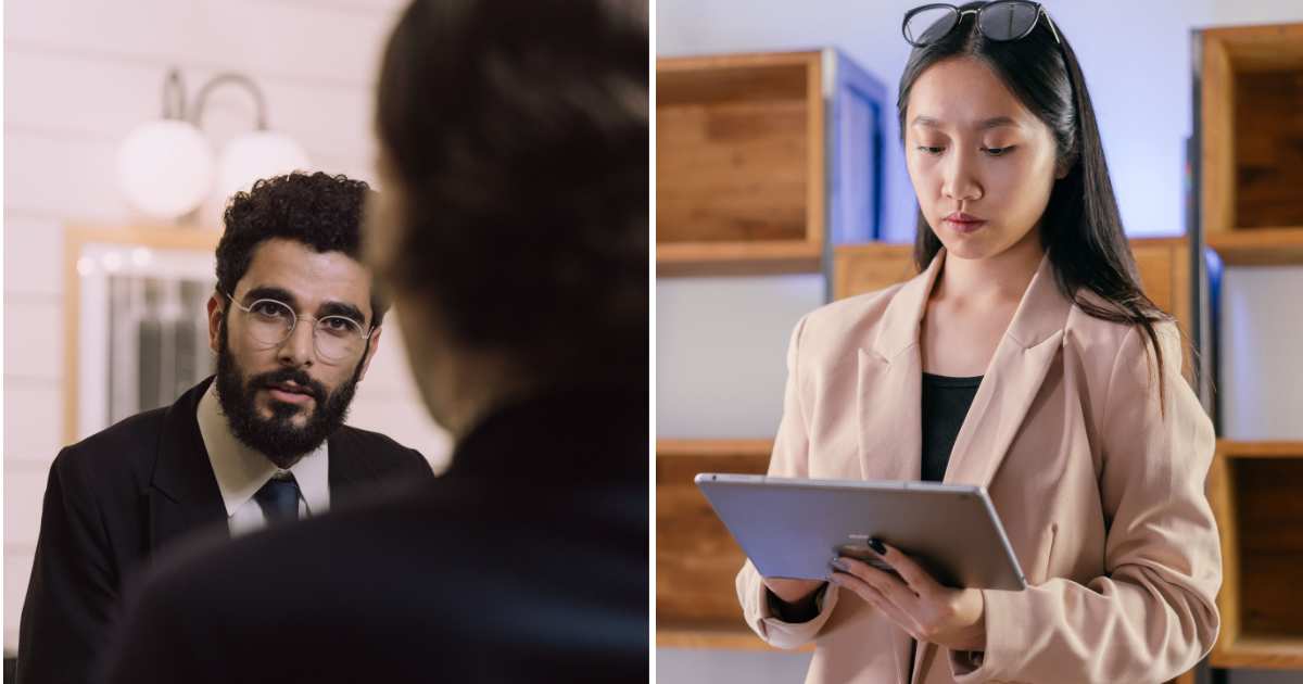 (L) Man at hotel reception. (R) Woman using tablet. (Representative Cover Image Source: Pexels | (L) cottonbro studio, (R) Mikhail Nilov)