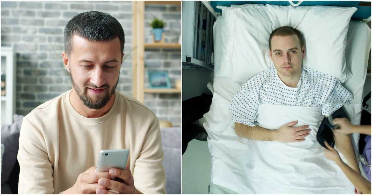 (L) Man texting on his phone. (R) Traumatized man in hospital. (Representative Cover Image Source: L - Pexels| Vitaly Gariev, R - Getty Images| sturti)