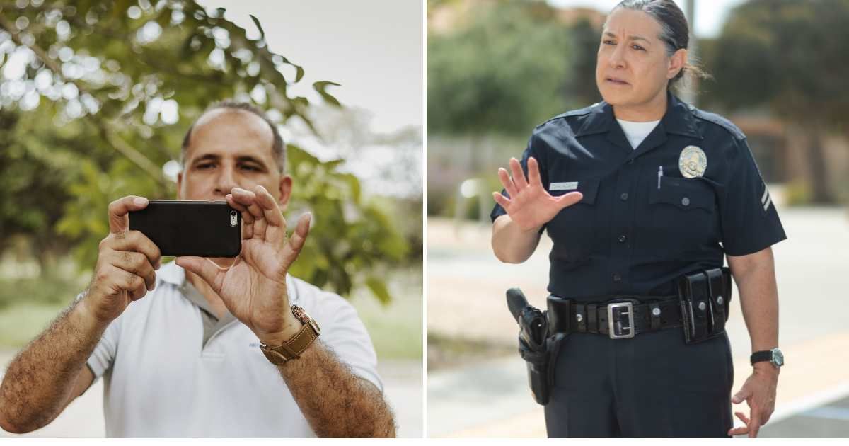 (L) A man in outdoors taking a picture through his phone. (R) A woman cop talking to somebody in disagreement. (Representative Cover Image Source: Pexels | (L) Luis Quintero, (R) Kindel Media)