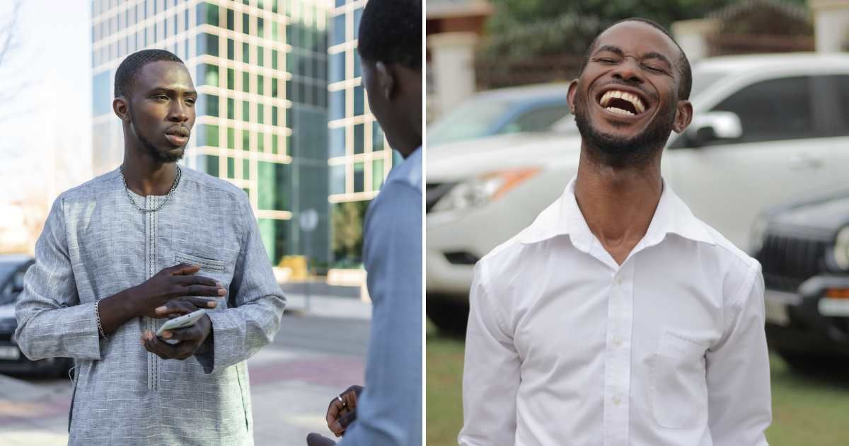  (L) Two men having an altercation on the street. (R) A man laughing.(Representative Cover Image Source: L - Getty Images | imageBROKER/Unai Huizi, R - Pexels| David Kwasi Amuzu)