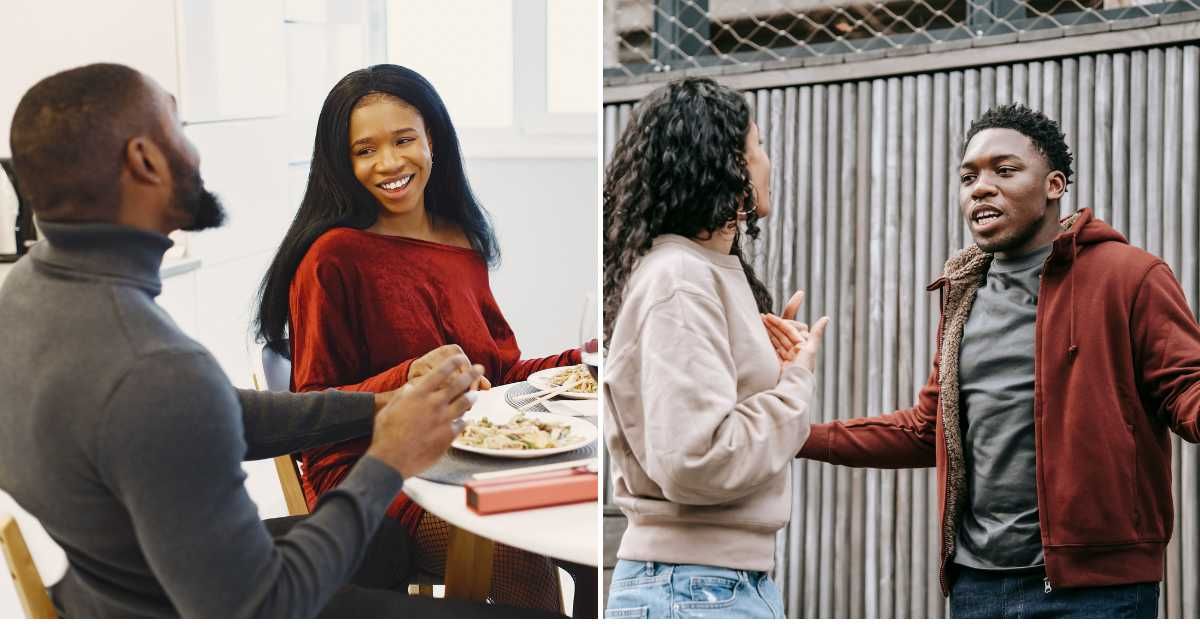 (L) Couple on a date smiling at each other. (R) A man having an argument with a woman. (Representative Cover Image Source: Pexels | (L) Gustavo Fring, (R) Keira Burton)