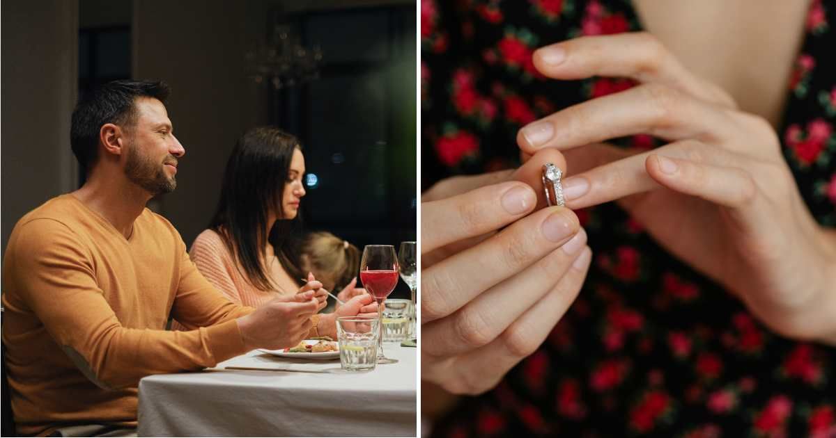(L) Couple having dinner with family. (R) Woman removing ring. (Representative Cover Image Source: Pexels | (L) Anna Shvets, (R) Michelle Leman)
