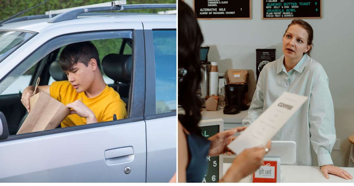 (L) A man checking a paper bag sitting in his car. (R) A cashier feeling annoyed while attending a customer. (Representative Cover Image Source: Pexels | (L) Kampus Production, (R) RDNE Stock project)