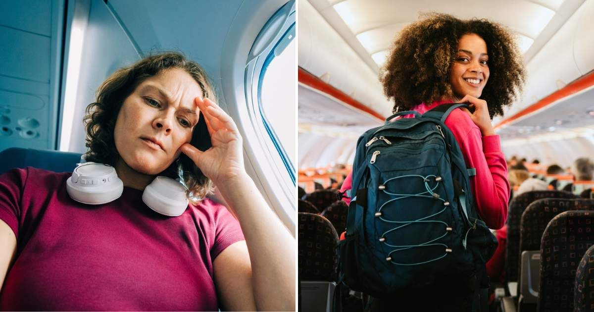 A woman looking upset inside a plane (L). An African-American woman smiling, standing inside a plane (R). (Representative Cover Image Source: Getty Images | Photo by Olga Pankova and Catherine Falls Commercial)