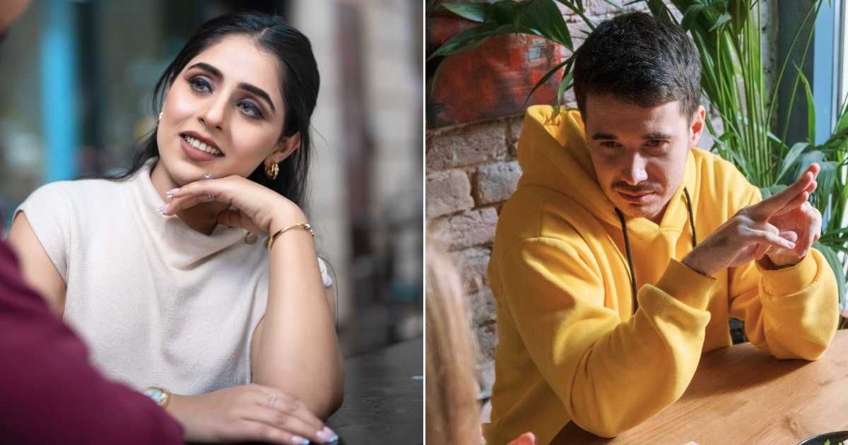 (L) A woman looks impressed while talking to someone. (R) A man explaining something serious on a date. (Representative Cover Image Source: Pexels| L - The Short Guy Films, R - cottonbro studio)