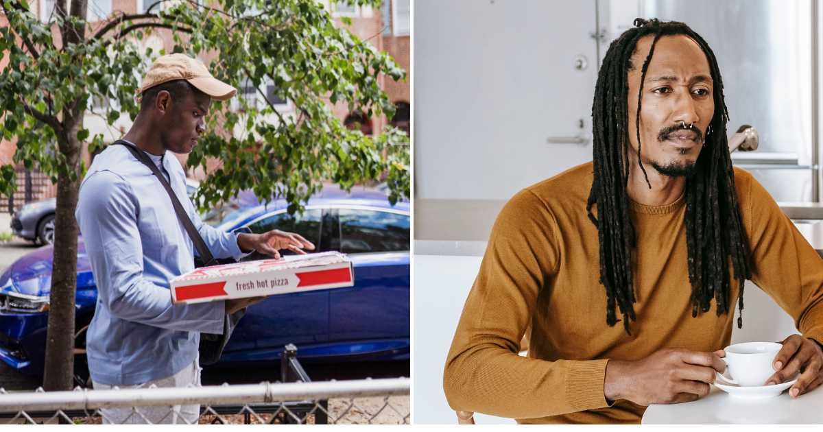 (L) A pizza delivery guy looking at the box in confusion. (R) A man sitting at a table with a cup in hand looking annoyed. (Representative Cover Image Source: Pexels | (L) Mizuno K, (R) Alex Green)
