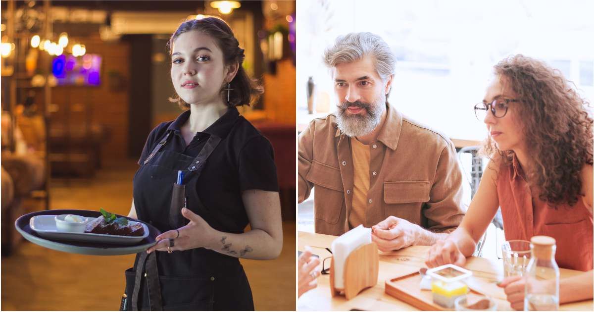 (L) A waitress is bringing over food to a table. (R) A couple having a meal together at a restaurant. (Representative Cover Image Source: Pexels| L - Kenzhar Sharap, R -  Edmond Dantès)