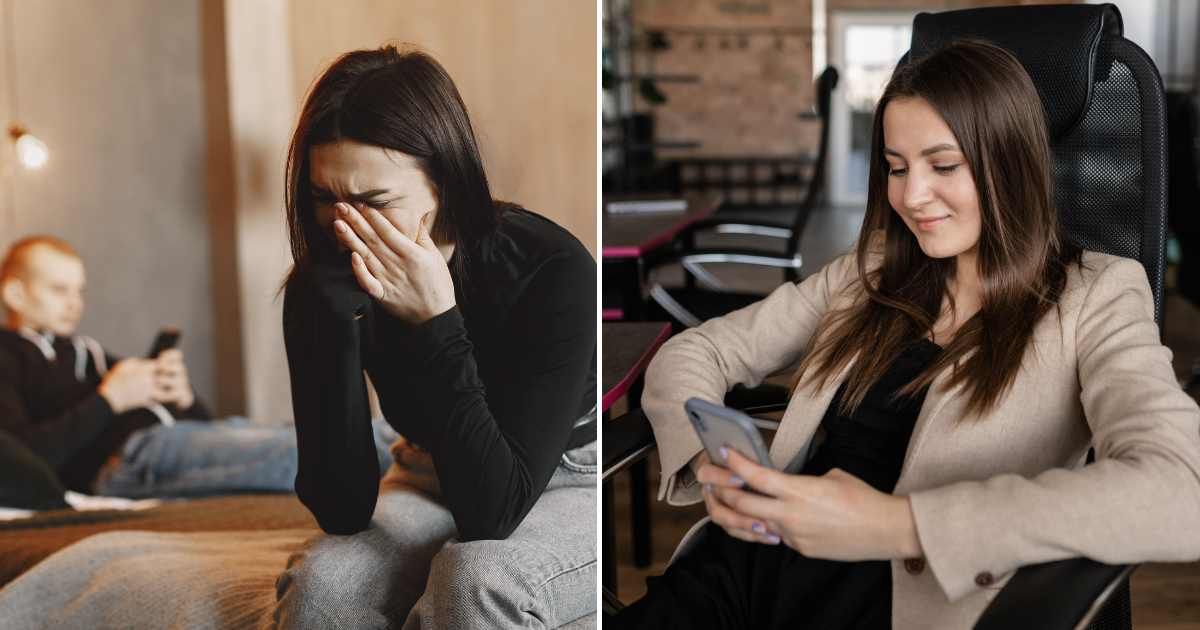 A woman upset while a man sits behind (L). A woman smirking happily, looking at her phone (R). (Representative Image Source: Pexels Images | Photo by Gustavo Fring and Alena Darmel)