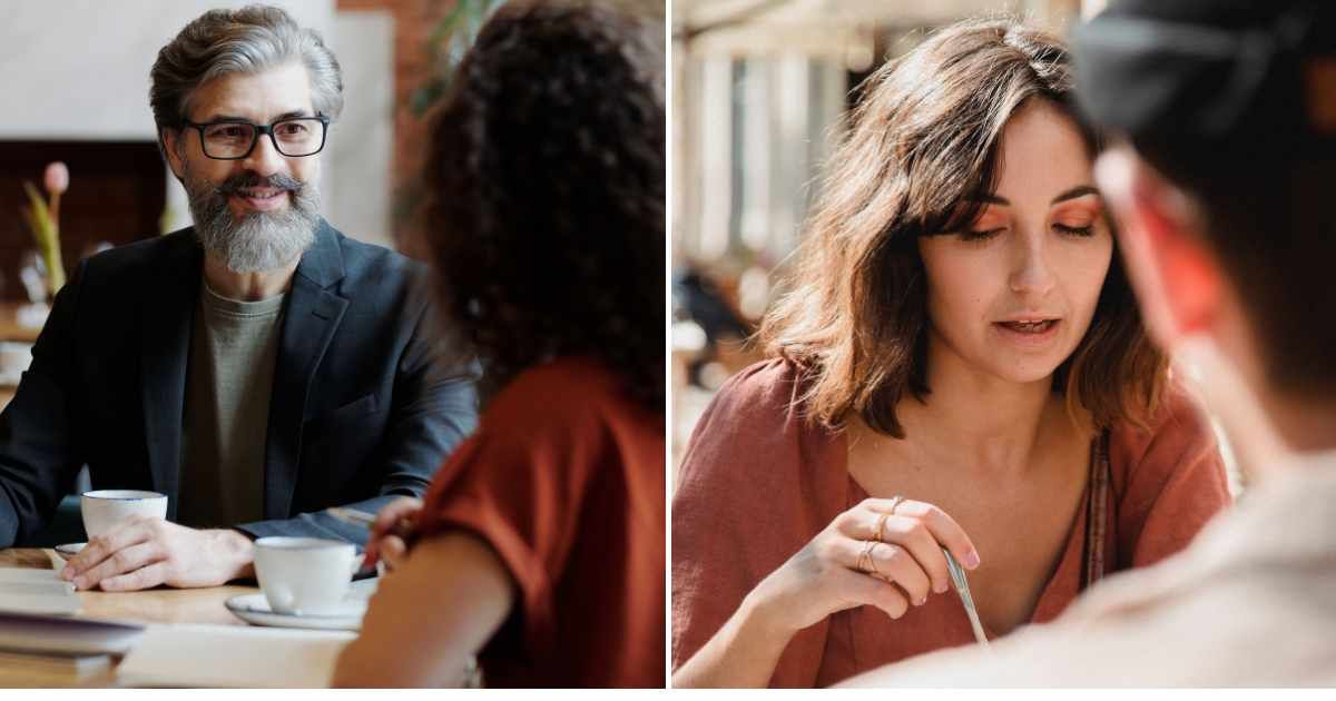 (L) A man in his late his late 40s talking to a woman over coffee. (R) A woman talking to a man on a date. (Representative Cover Image Source: Pexels | (L) Edmond Dantès, (R) Bethany Ferr)
