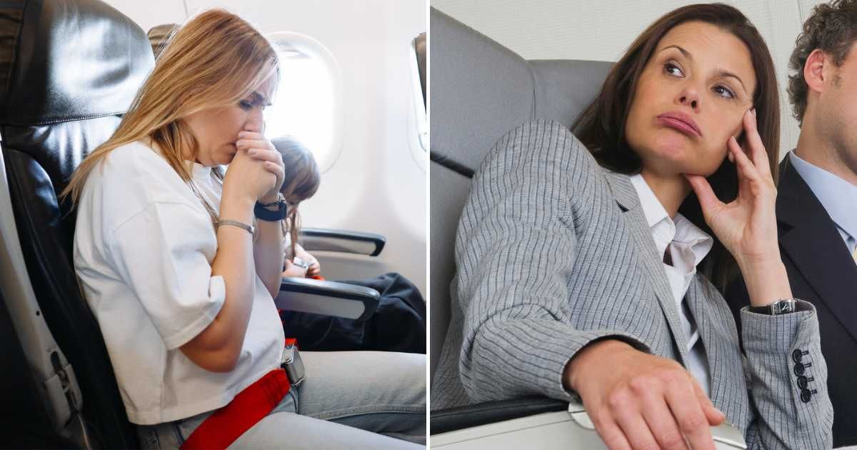 A woman feeling sick in a plane (L). A passenger giving another a judgemental look on the plane (R). (Representative Cover Image Source: Getty Images | Photo by ozgurcankaya and Digital Vision)