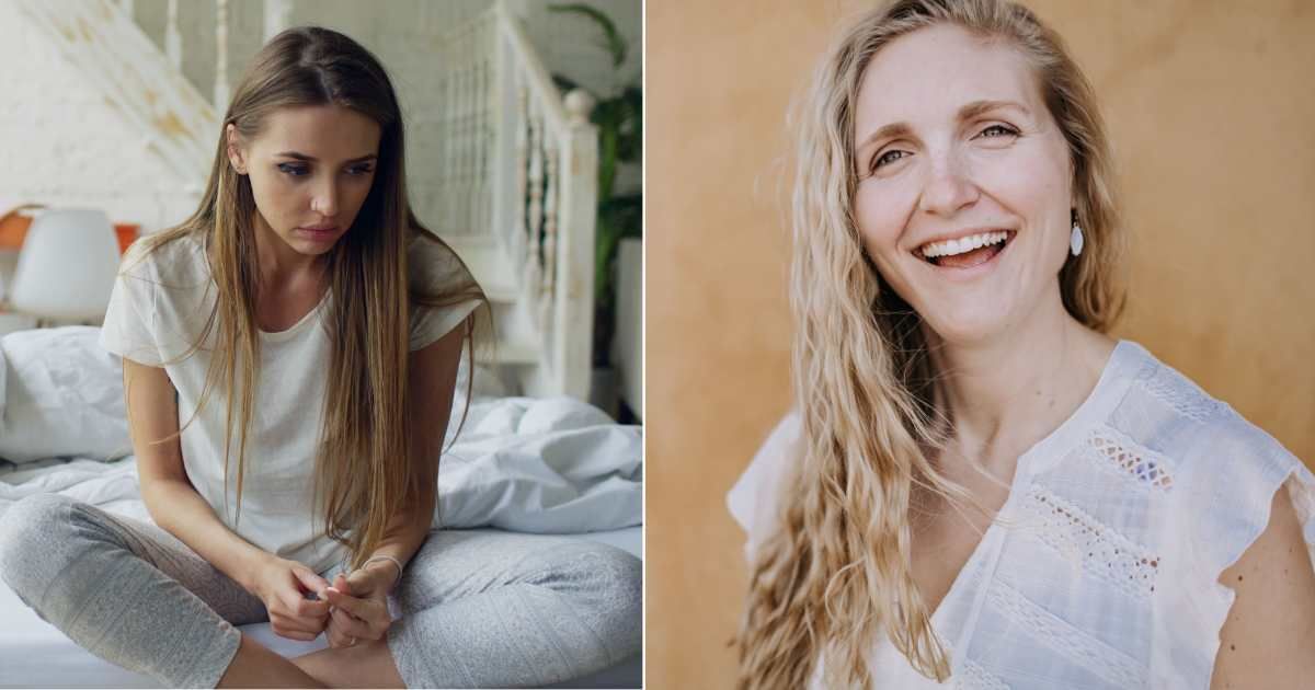 (L) A woman looking stressed. (R) A woman laughs. (Representative Cover Image Source: Pexels | (L) Vitaly Gariev, (R) Tim Mossholder)