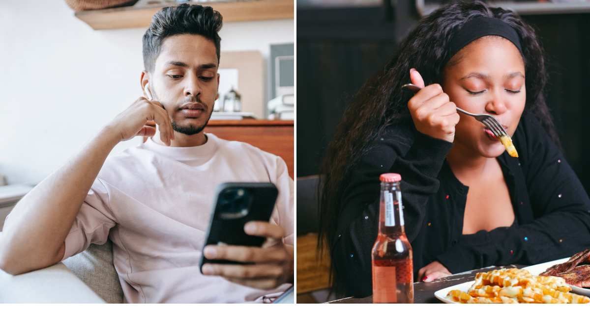 (L) A man sitting in his house using a phone. (R) A woman enjoying fries with a drink on the table alone at a restaurant. (Representative Cover Image Source: Pexels | (L)  Michael Burrows, (R) C'Pho Ngondo R.Rouge)