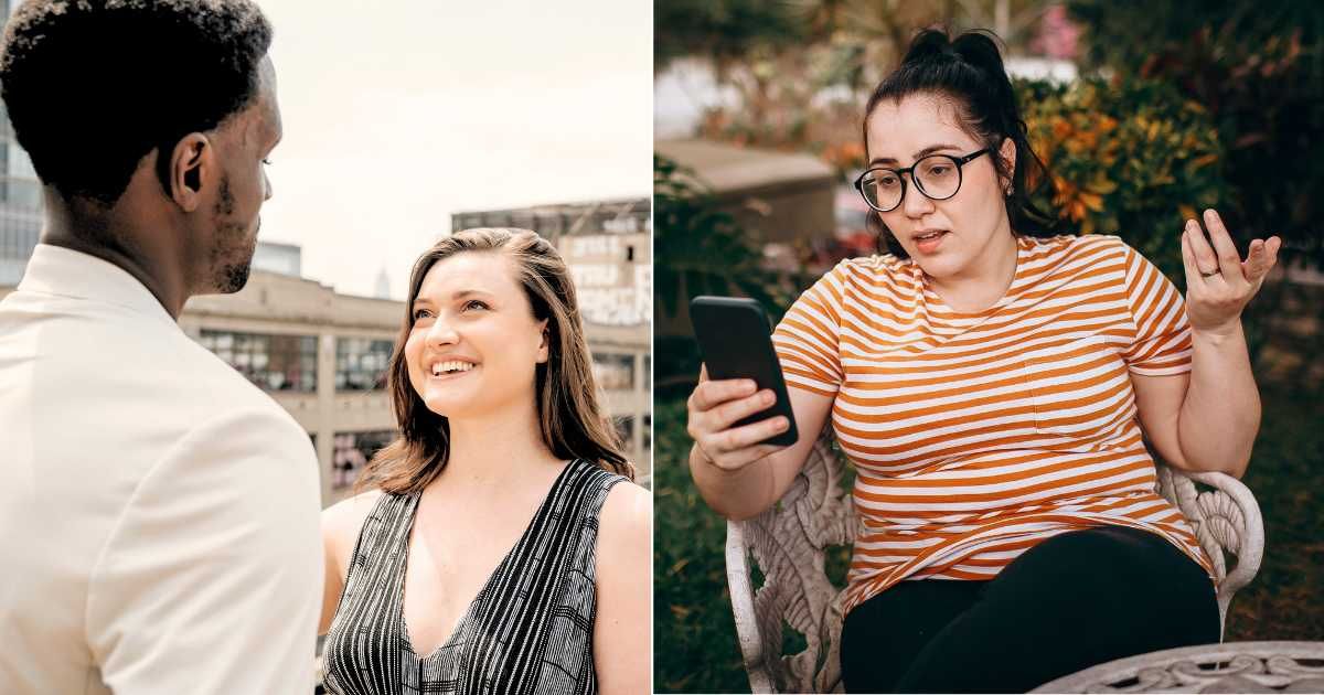 (L) A woman smiles while on a date with a man. (R) A woman stares at her phone in disbelief. (Representative Image Source: Pexels| L - Lilliana Drew, R - Helena Lopes)