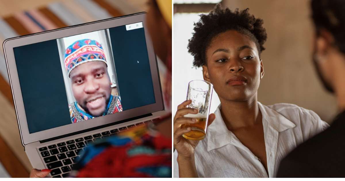 (L) A man on the laptop video call talking to a woman. (R) A woman on a date with a drink in hand looking suspicious. (Representative Cover Image Source: Pexels | (L) Askar Abayev, (R) Ketut Subiyanto)