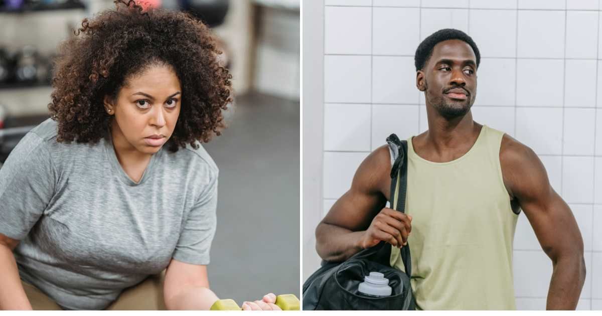 (L) A woman looking annoyed while using dumbells at the gym. (R) A man looking annoyed while carrying a gym bag. (Representative Cover Image Source: Pexels | (L)  Julia Larson , (R) Liliana Drew)