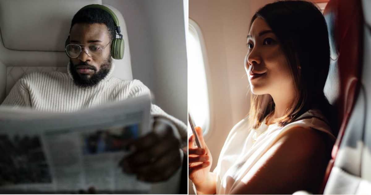 (L) Man on a flight reading a newspaper with headphones on. (R) A woman smiling during her flight. (Representative Cover Image Source: Pexels | (L) cottonbro studio, (R) Getty Images | Oscar Wong)