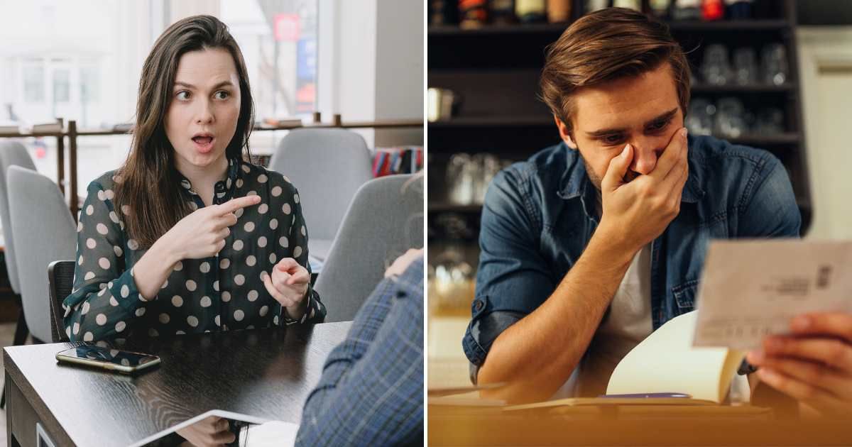 A woman pointing at someone, sitting in a restaurant (L). A man shocked and upset after reading a bill (R). (Representative Cover Image Source: Pexel and Getty Images | Photo by SHVETS production and Dimensions)
