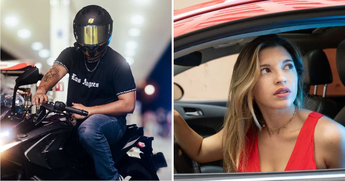 (L) Man sitting on his bike. (R) Stunned woman sitting in car. (Representative Cover Image Source: Pexels | (L) Brian Jiz, (R) Patricia Bozan)