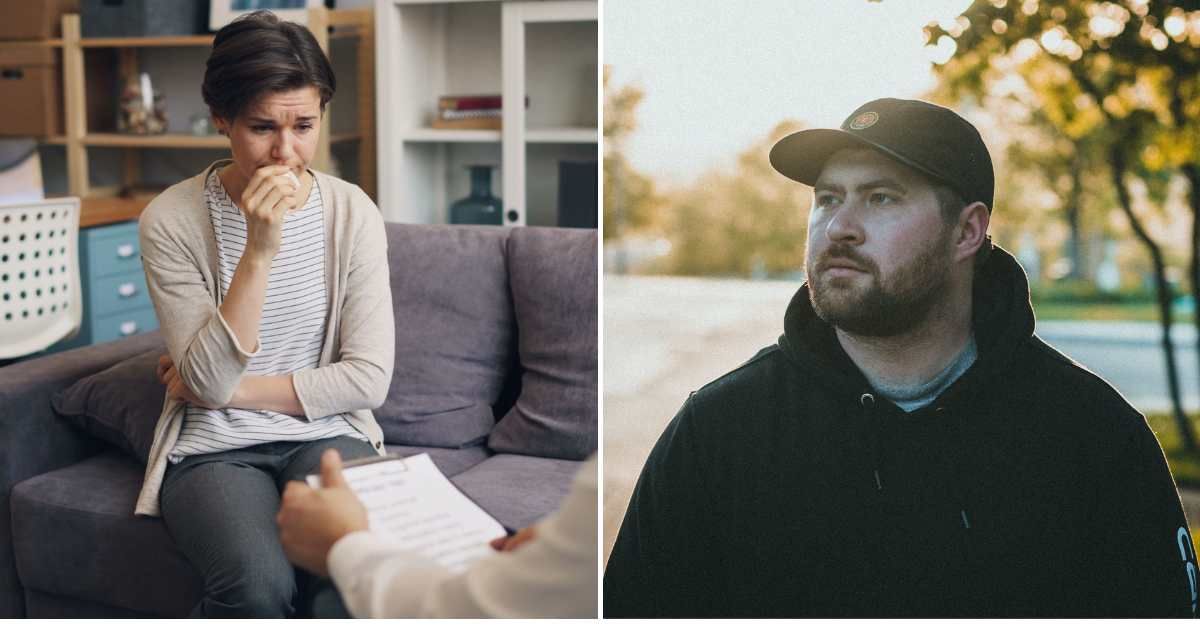 (L) A woman in stress talking to someone. (R) A man walking outdoors, looking at something. (Representative Cover Image Source: Pexels | (L) Vitaly Gariev, (R) Jonathan Cooper)