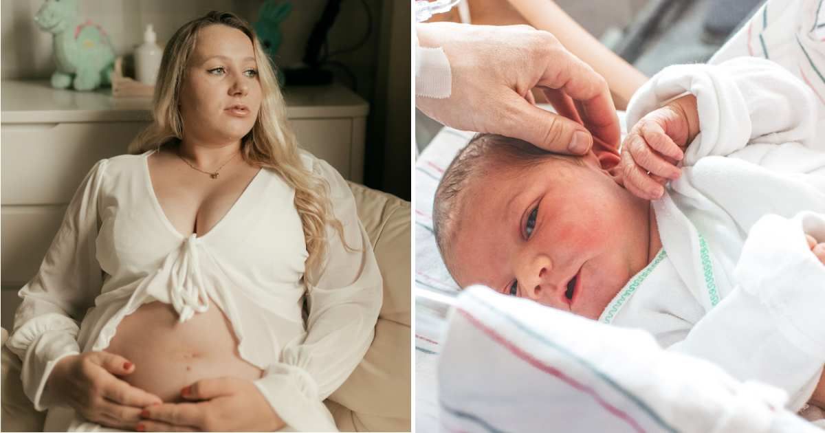 (L) A pregnant woman looks stressed and worried. (R) A newborn baby wrapped in cloth. (Representative Cover Image Source: Pexels | (L) Alexander Mass, (R) Craig Adderley)