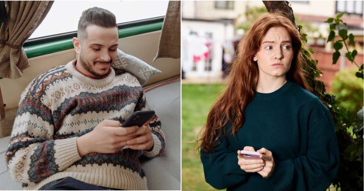 (L) A man smiles while texting. (R) A woman looks disappointed while holding a phone in her hand. (Representative Cover Image Source: Pexels| L - Thirdman, R -  Vodafone x Rankin everyone.connected)