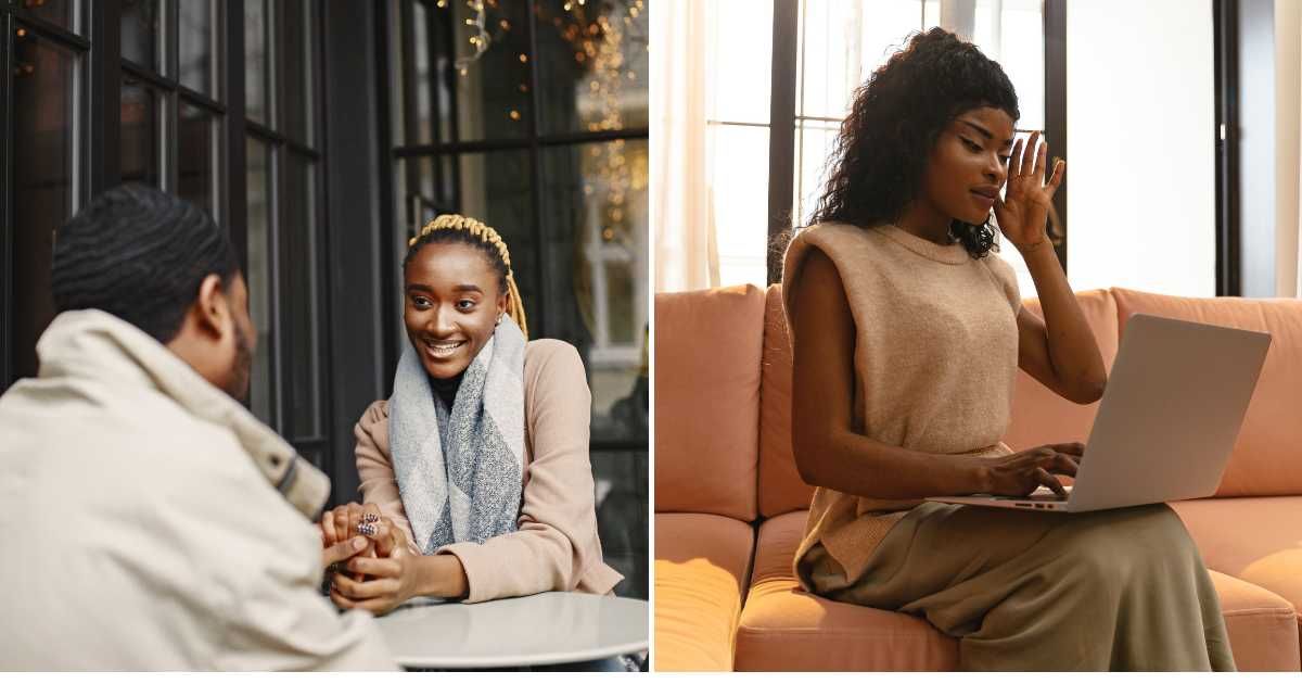 (L) Couple on a date holding hands. (R) A woman looking at something on laptop in shock. (Representative Cover Image Source: Pexels | (L) Gustavo Fring, (R) AI25.Studio AI GENERATIVE)