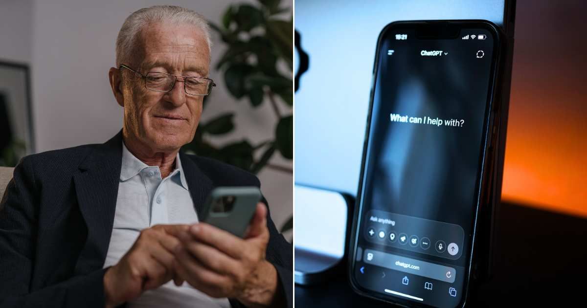 (L) An elderly man is checking something on his phone. (R) ChatGPT interface on phone. (Representative Cover Image Source: Pexels| L - Anna Shvets, R - Tim Witzdam)