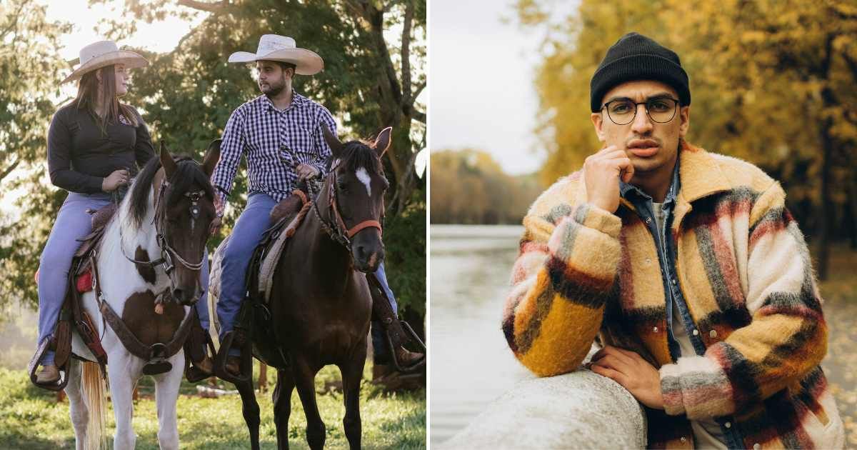 Man and woman enjoying a horse ride (L). A man standing against a river fence with a confused look (R). (Representative Cover Image Source: Pexels Images | Photo by Moliv Fotografia and Maksim Goncharenok)