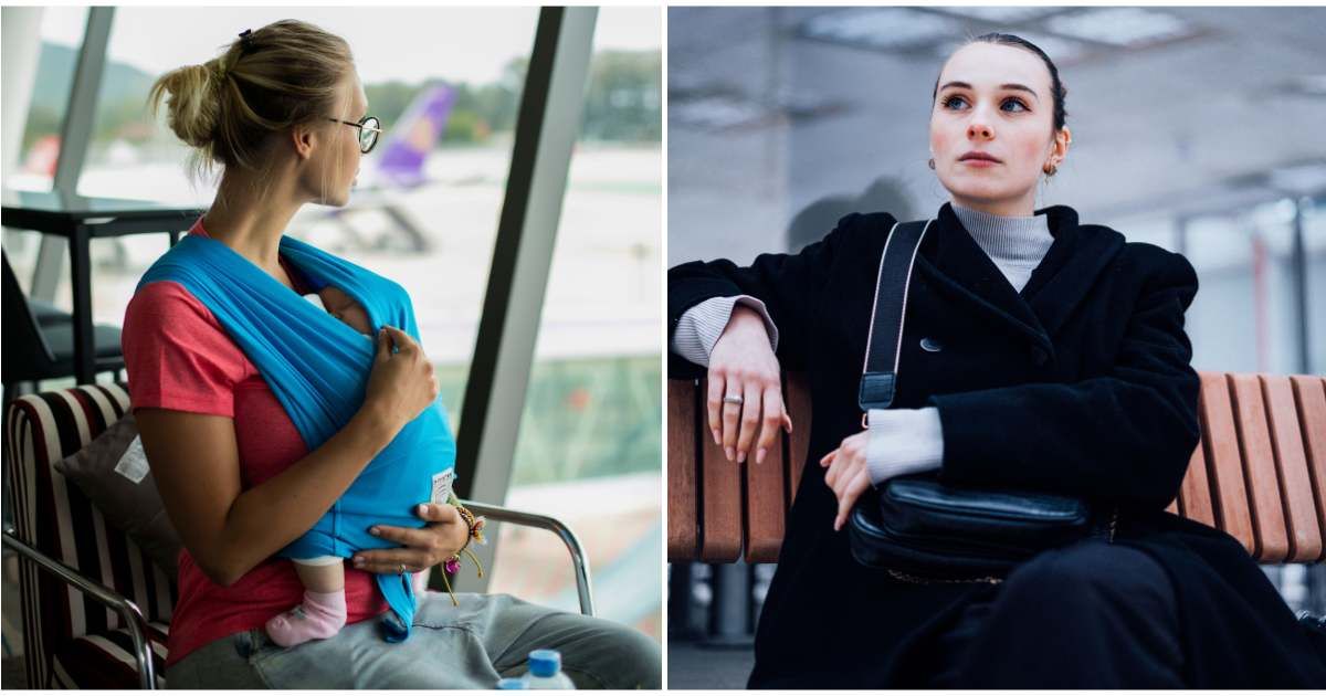 (L) A woman at the airport boarding gate with a baby. (R) A woman at the airport looks intently. (Representative Cover Image Source: Pexels | (L) Juliia Abramova, (R) Thomas Ronveaux)