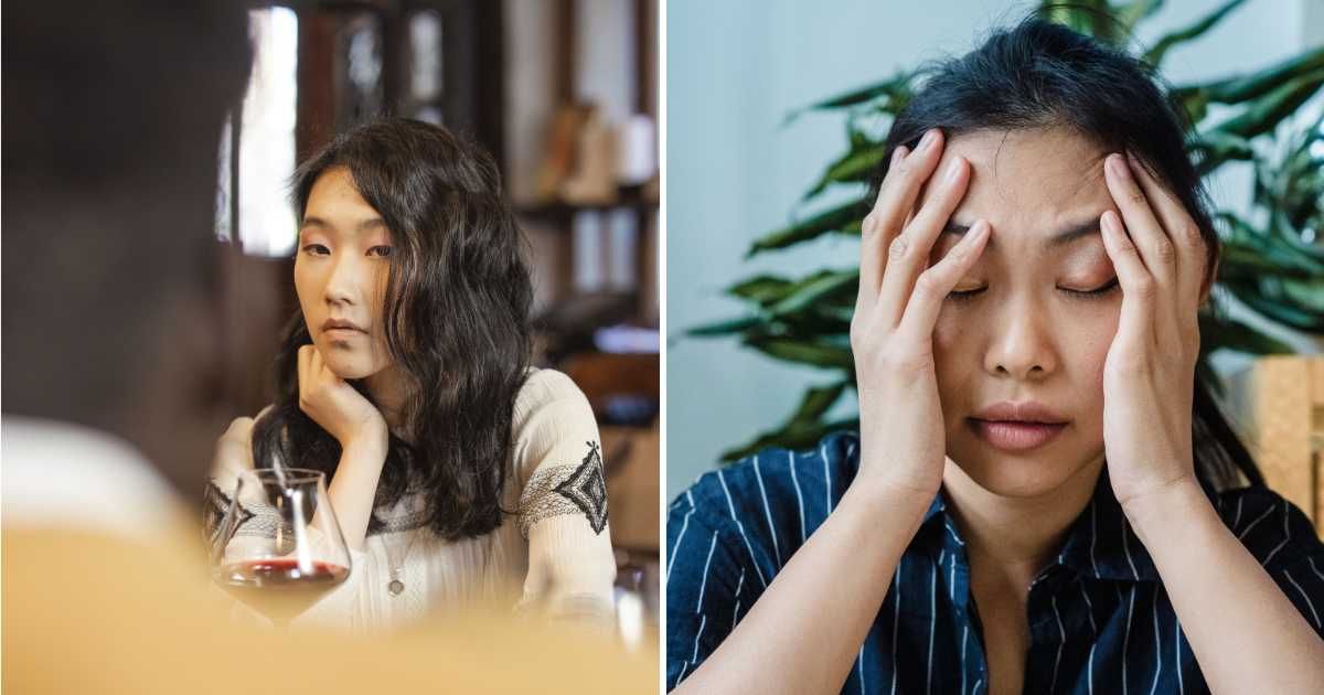 (L) Annoyed woman on date. (R) Woman having a headache. (Representative Cover Image Source: Pexels | (L) cottonbro studio, (R) Timur Weber)