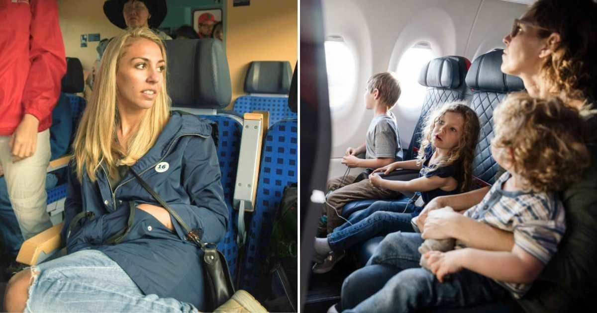 (L) A woman sitting on an aisle seat on a flight looking at something. (R) Family on flight. (Representative Cover Image Source: (L) Unsplash | Photo by Logan Stone, (R) Getty | RyanJLane