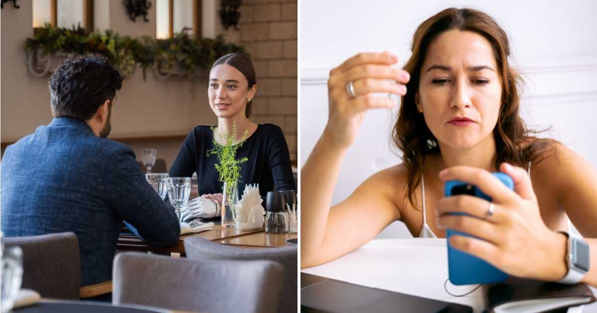 (L) Couple on date. (R) Annoyed woman looking at her phone. (Representative Cover Image Source: Pexels | (L) Mikhail Nilov, (R) Anna Tarazevich)